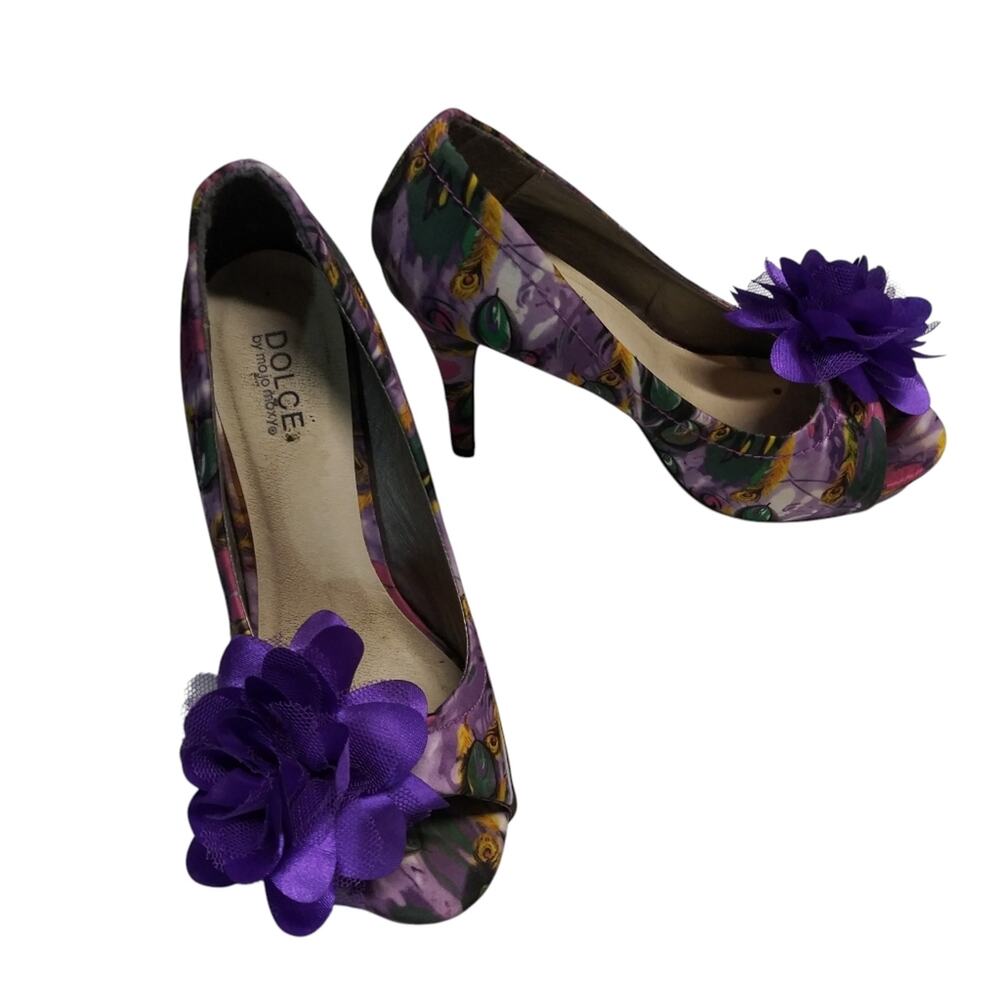 Dolce by Mojo Moxy Peep-toe Floral Heels Mardi gras Flower Embellishment Sz 8